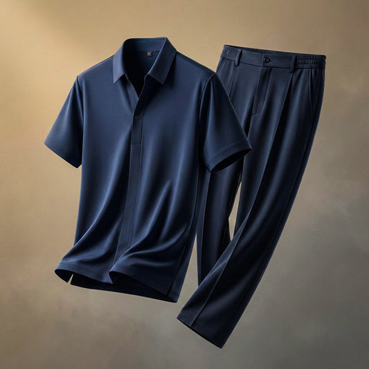 Men's Cognac Brown Two Piece Set in Navy Blue