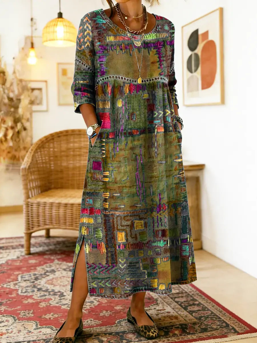 Women's Abstract Print Side Split Midi Dress in Military Green