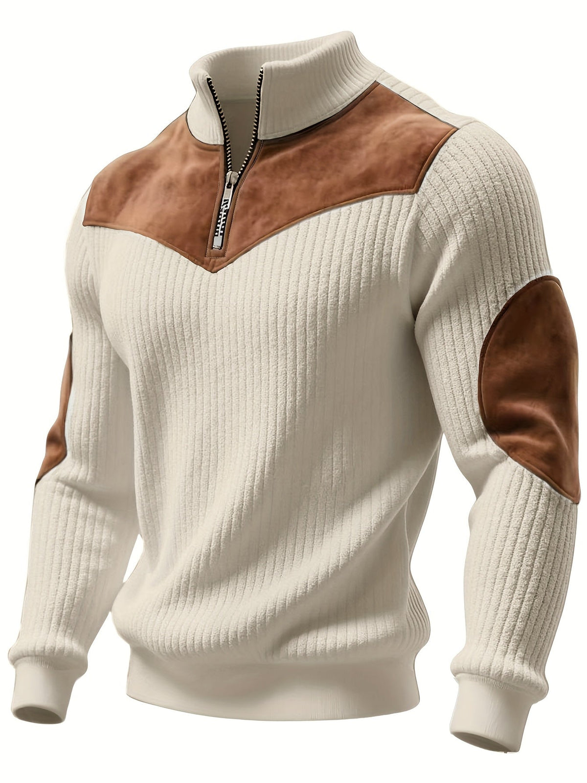 Men's Ribbed Knitted Half Zip Vintage Jumper in Apricot