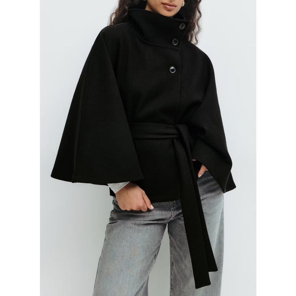 Women's Stand Collar Belted Cape Overcoat view 6