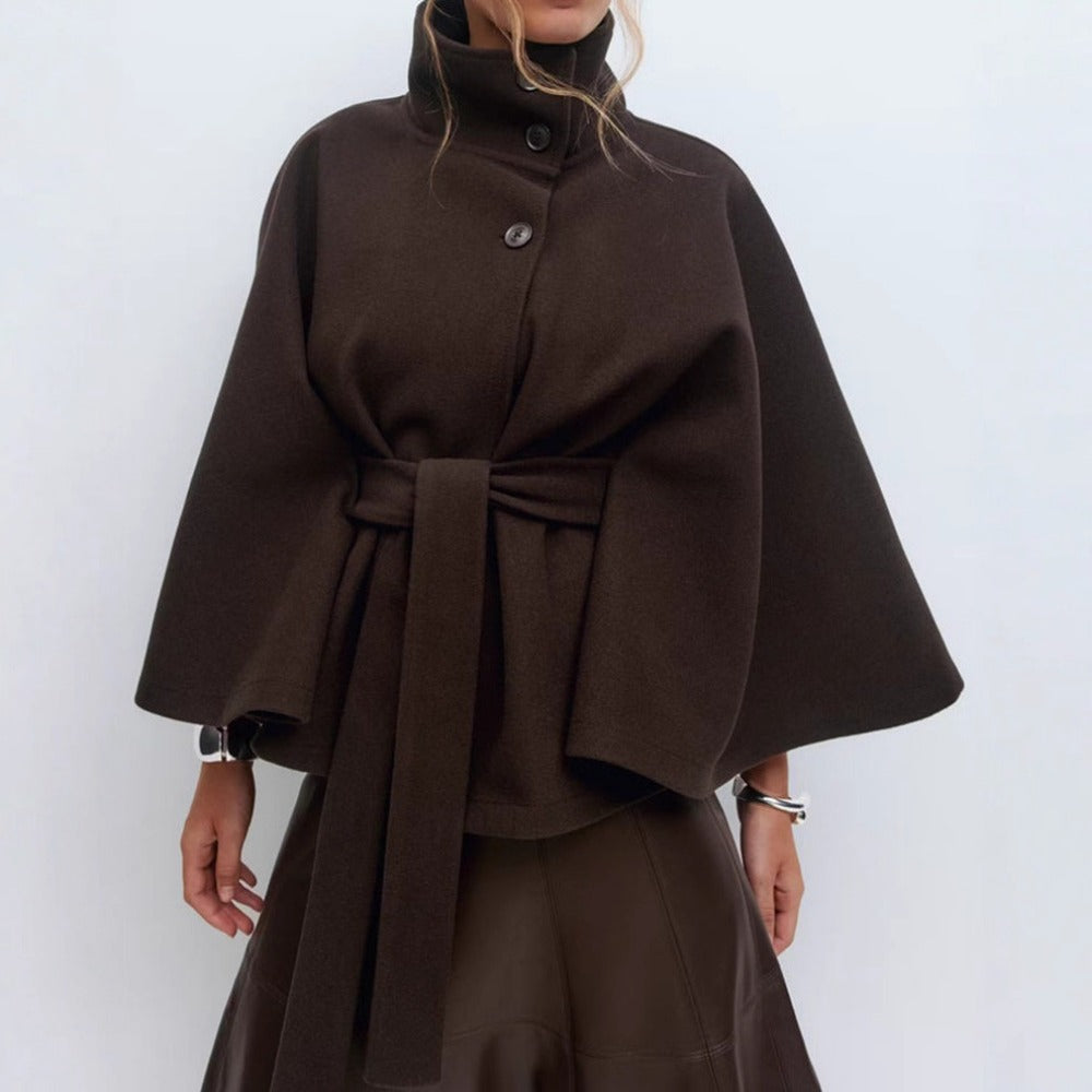 Women's Stand Collar Belted Cape Overcoat view 5