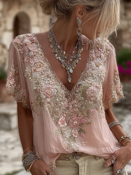 Women's Pink V Neck Draped Blouse
