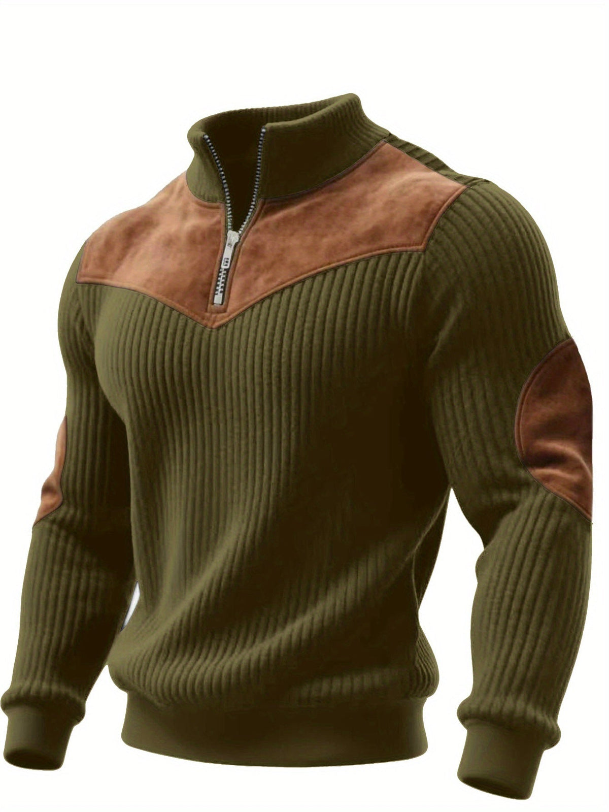 Men's Ribbed Knitted Half Zip Vintage Jumper in Khaki Green