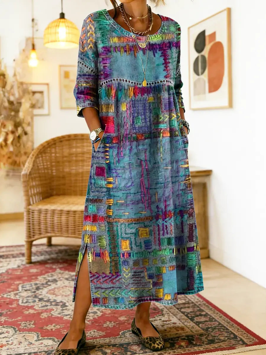Women's Abstract Print Side Split Midi Dress in Sky Blue
