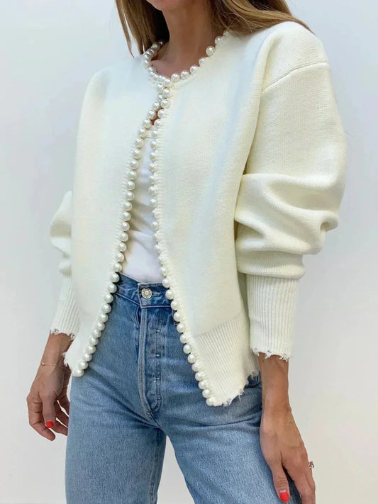 Women's Pearl Detail Collarless Knitted Cardigan view 2