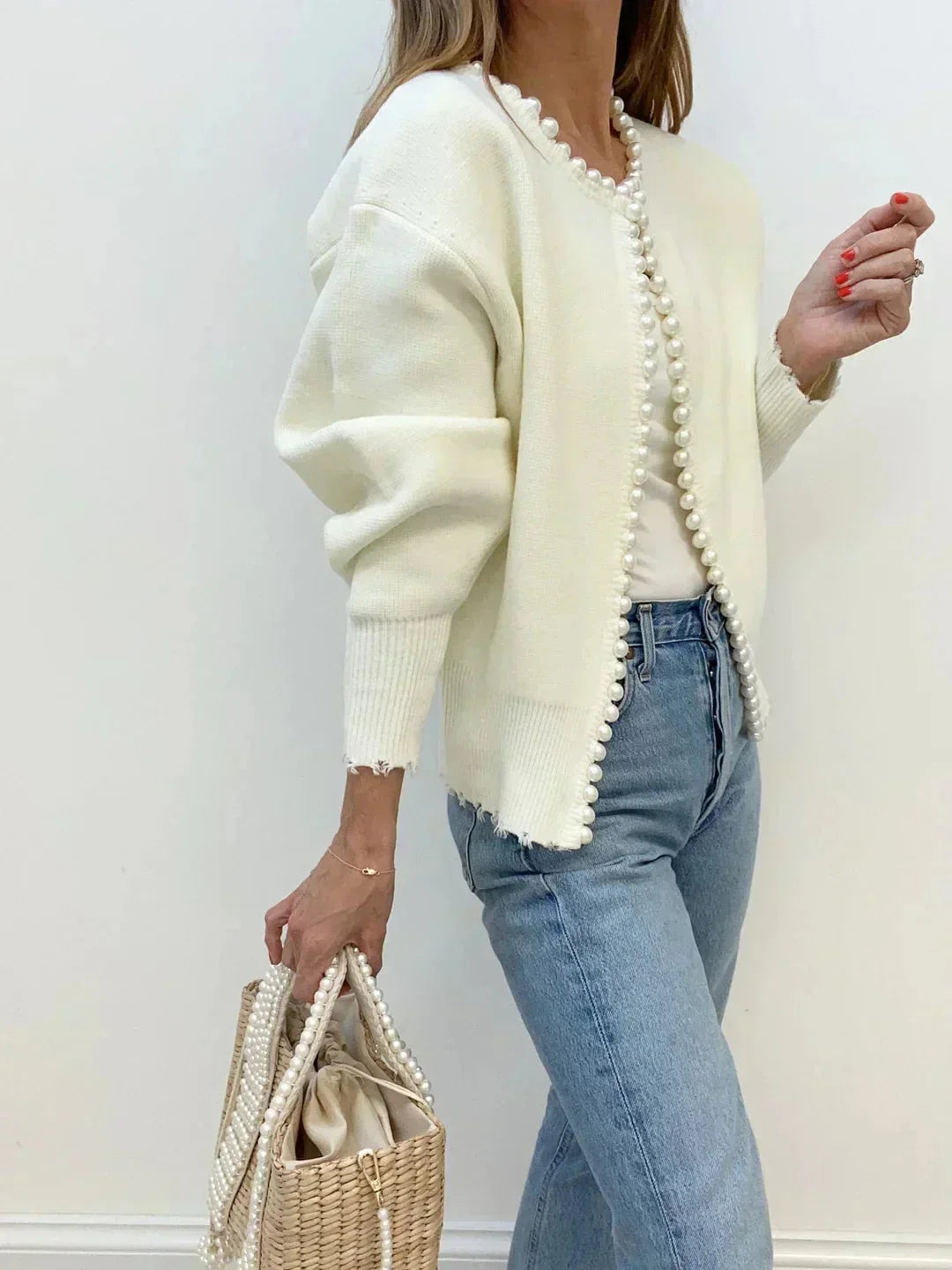 Women's Pearl Detail Collarless Knitted Cardigan view 3