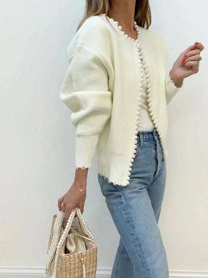 Women's Pearl Detail Collarless Knitted Cardigan view 3