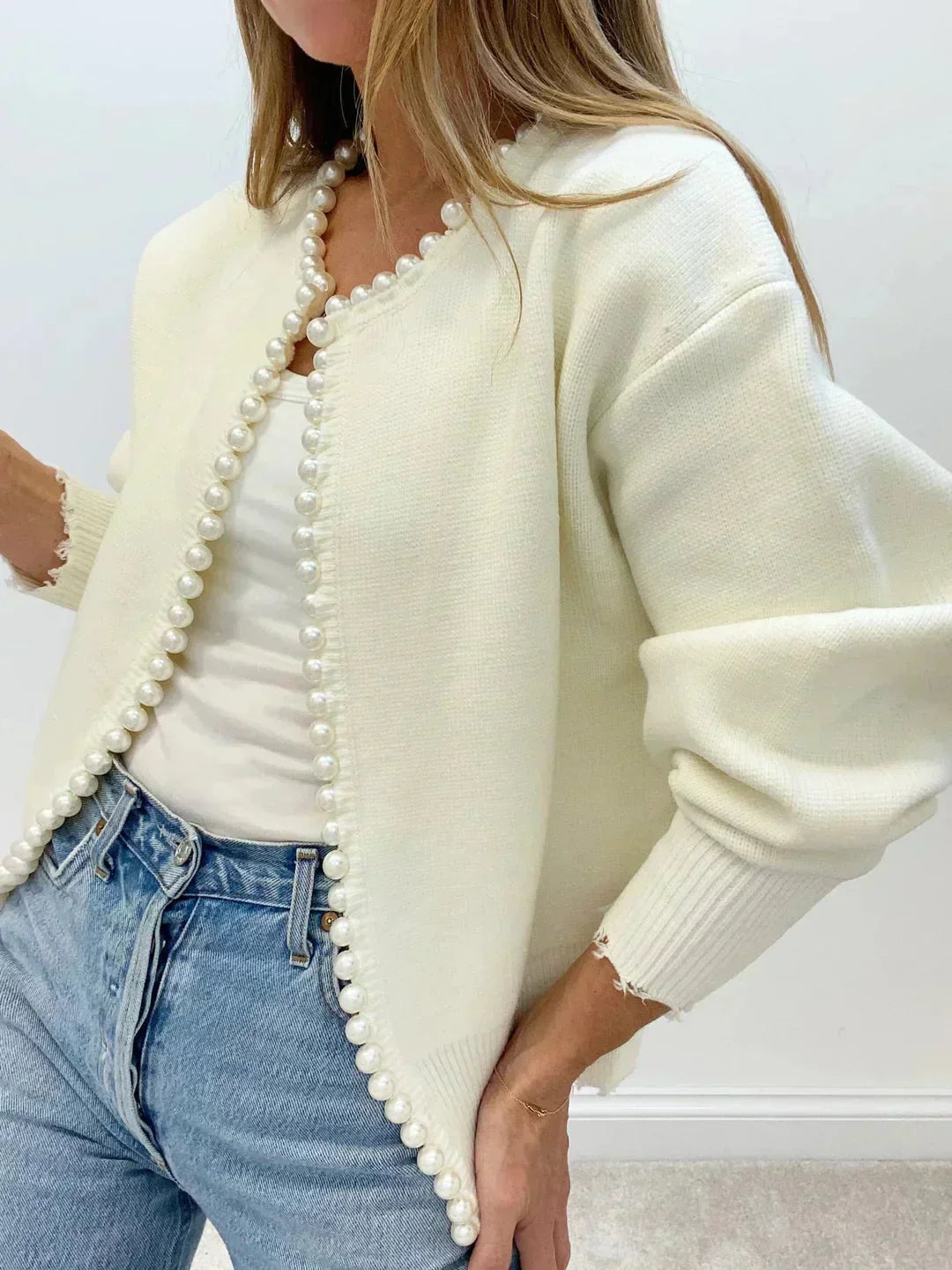 Women's Pearl Detail Collarless Knitted Cardigan