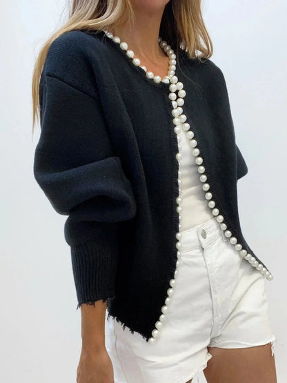 Women's Pearl Detail Collarless Knitted Cardigan view 6