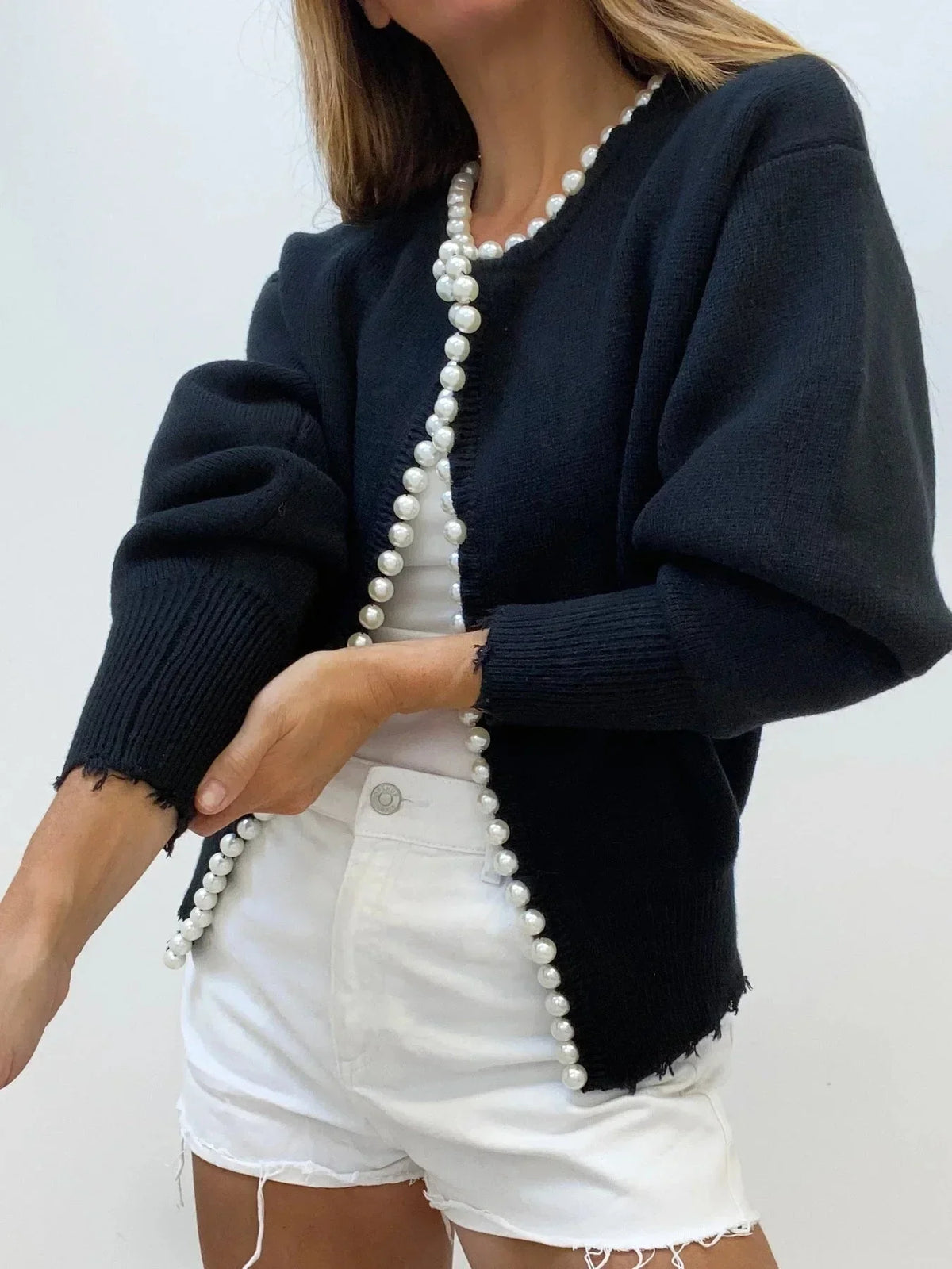 Women's Pearl Detail Collarless Knitted Cardigan view 5