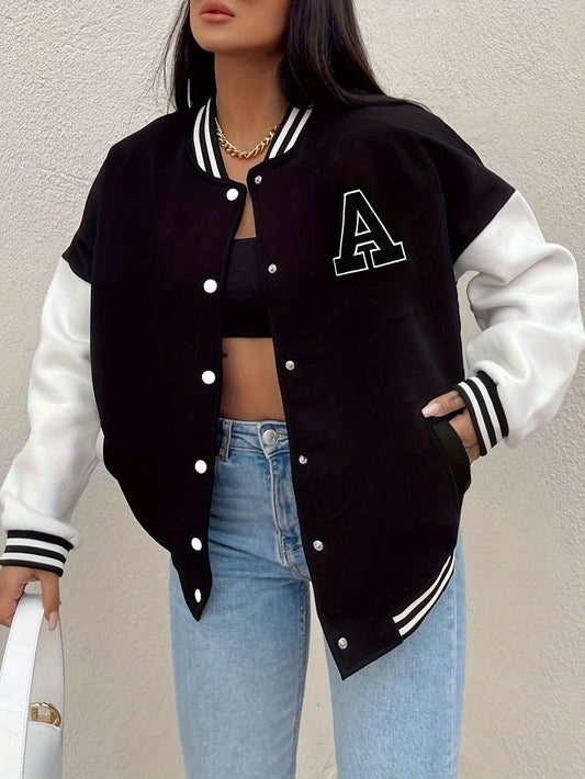 Women's Oversized Casual Bomber Jacket in Black