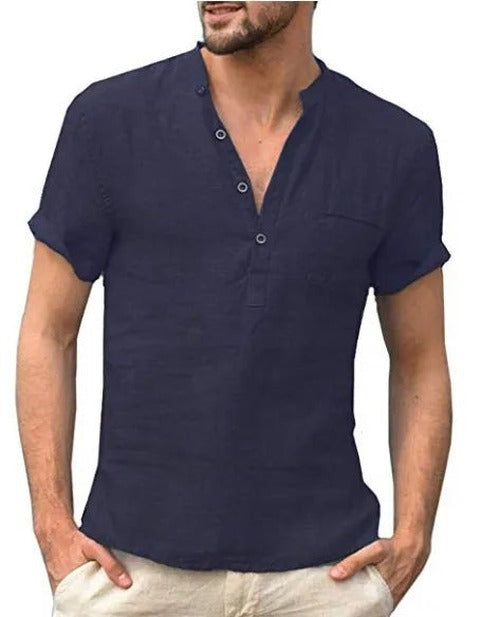 Men's Green Short Sleeve Shirt in Navy Blue