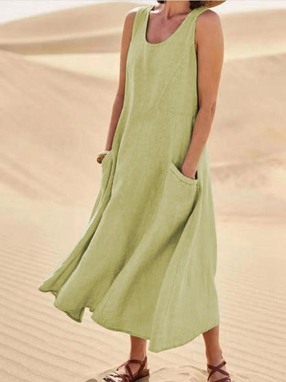 Women's Relaxed Fit Sleeveless Patch Pocket Draped Maxi Dress in Light Green
