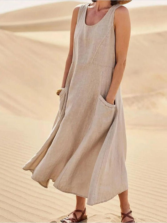 Women's Relaxed Fit Sleeveless Patch Pocket Draped Maxi Dress in Khaki