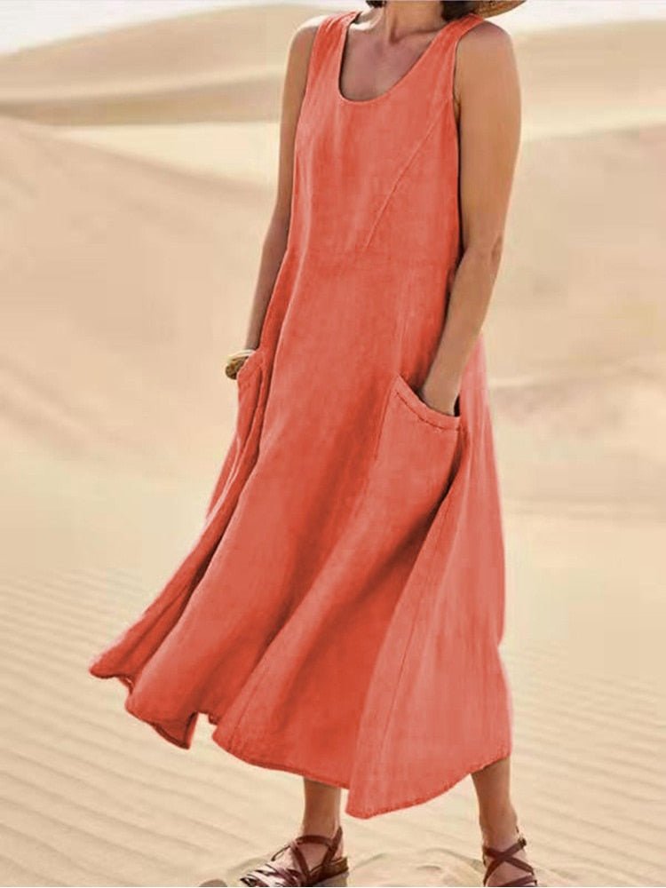Women's Relaxed Fit Sleeveless Patch Pocket Draped Maxi Dress in Orange