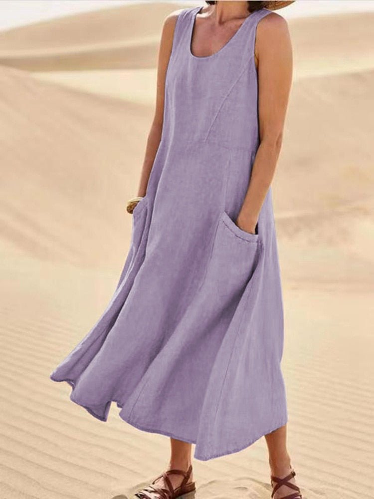 Women's Relaxed Fit Sleeveless Patch Pocket Draped Maxi Dress in Purple