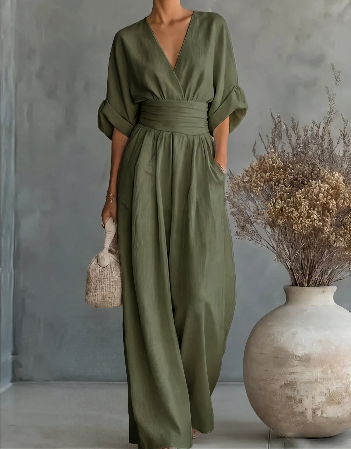 Women's Wrap Front Tie Waist Wide Leg Jumpsuit view 14