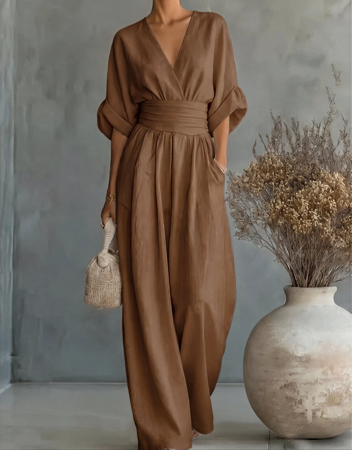 Women's Wrap Front Tie Waist Wide Leg Jumpsuit view 15