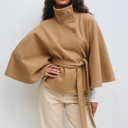 Women's Stand Collar Belted Cape Overcoat