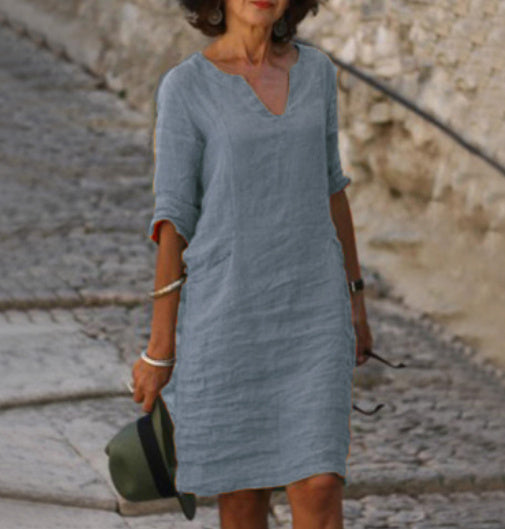 Women's V Neck Relaxed Fit Midi Dress in Gray