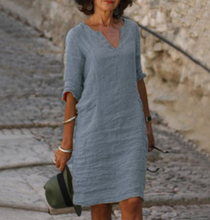 Women's V Neck Relaxed Fit Midi Dress in Gray