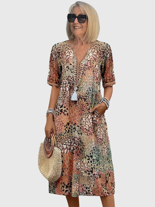 Women's Beige Floral Midi Dress in Beige