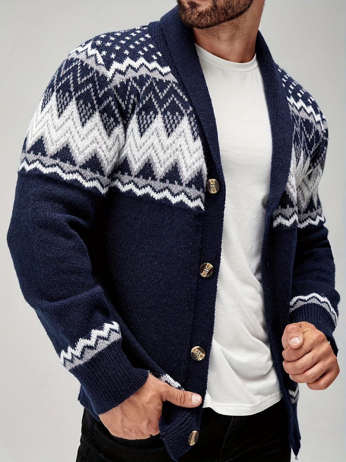 Men's Geometric Button Front Chunky Knit Cardigan in Blue