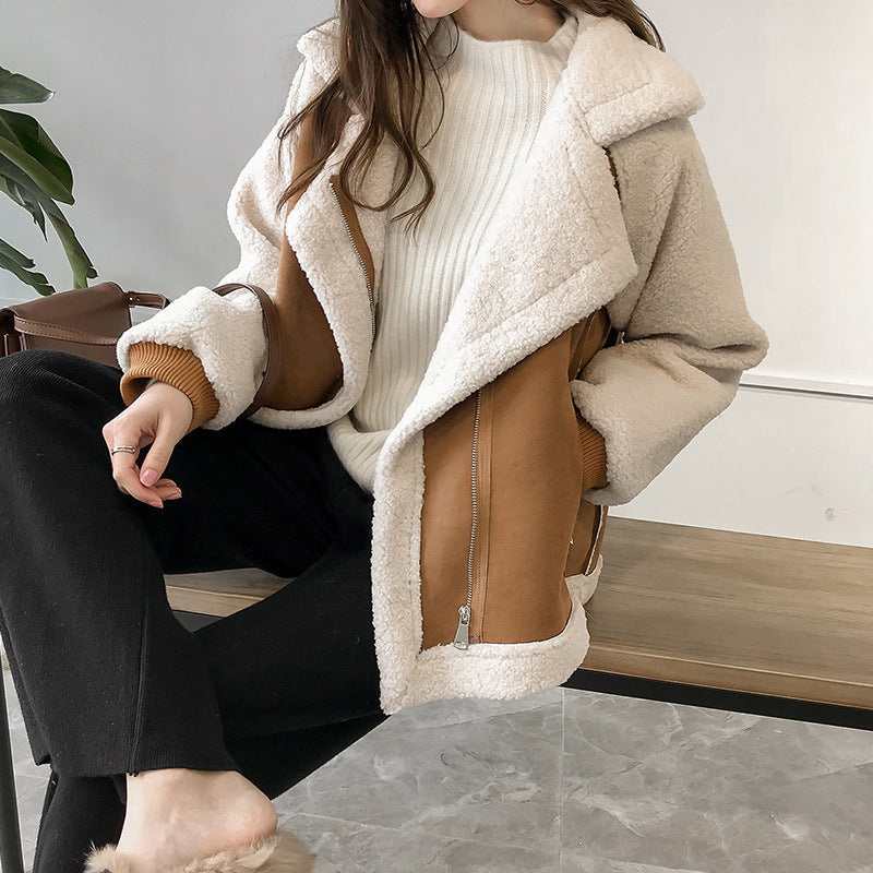 Women's Zip Up Lapel Collar Teddy Coat