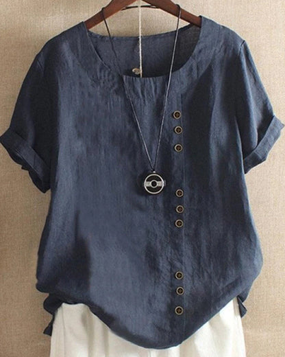 Women's Relaxed Fit Crew Neck Short Sleeve Button Front T Shirt in Blue