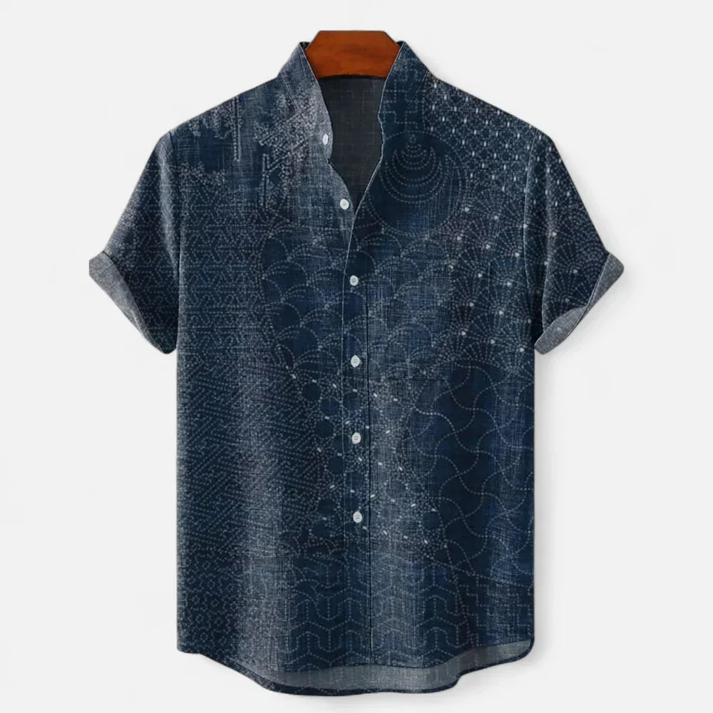 Men's Short Sleeve Printed Shirt in Navy Blue