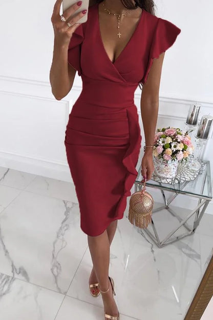 Women's Ruched Party Midi Dress in Burgundy