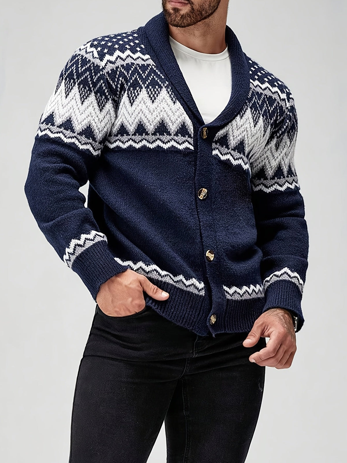 Men's Geometric Button Front Chunky Knit Cardigan