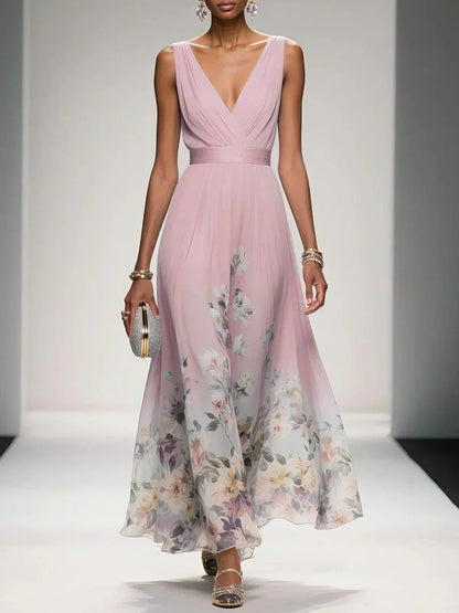 Women's Floral Pleated Maxi Dress in Pink