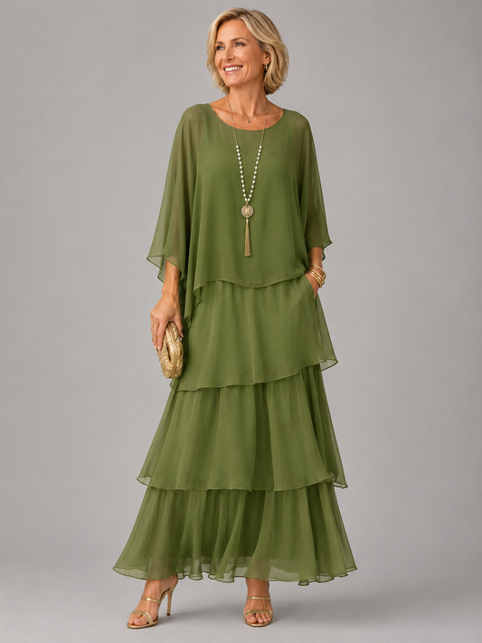 Women's Tiered Flutter Sleeve Chiffon Maxi Dress