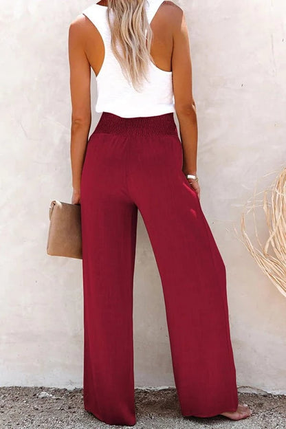 Women's High Waisted Wide Leg Button Front Trousers in Wine Red