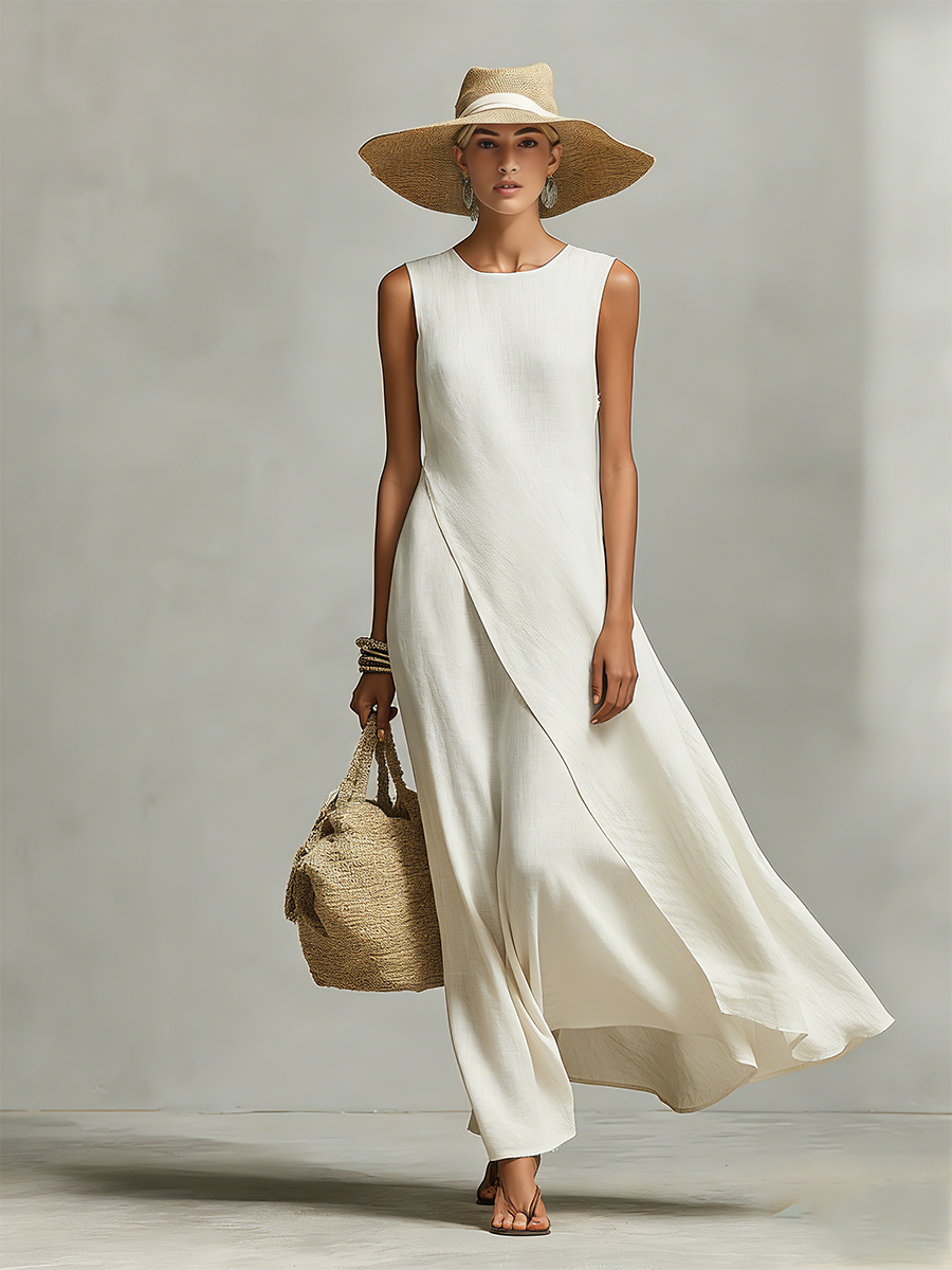 Women's Off White Sleeveless Asymmetric Draped Maxi Dress