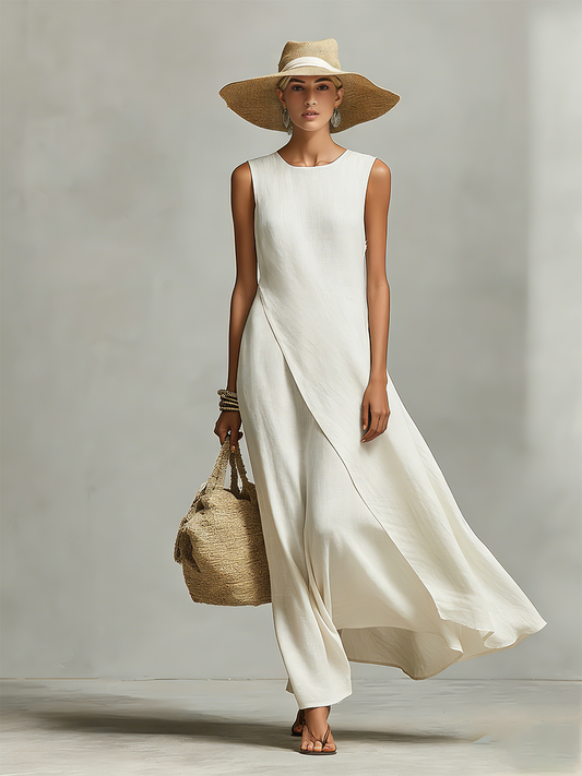 Women's Off White Sleeveless Asymmetric Draped Maxi Dress
