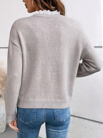 Women's Lace Trim Knitted V Neck Long Sleeve Jumper view 5