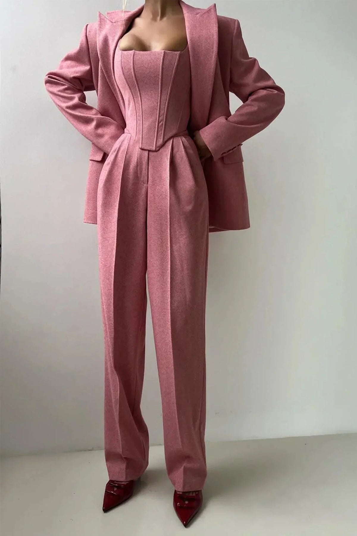 Women's Herringbone Blazer and Wide Leg Trouser Set view 9