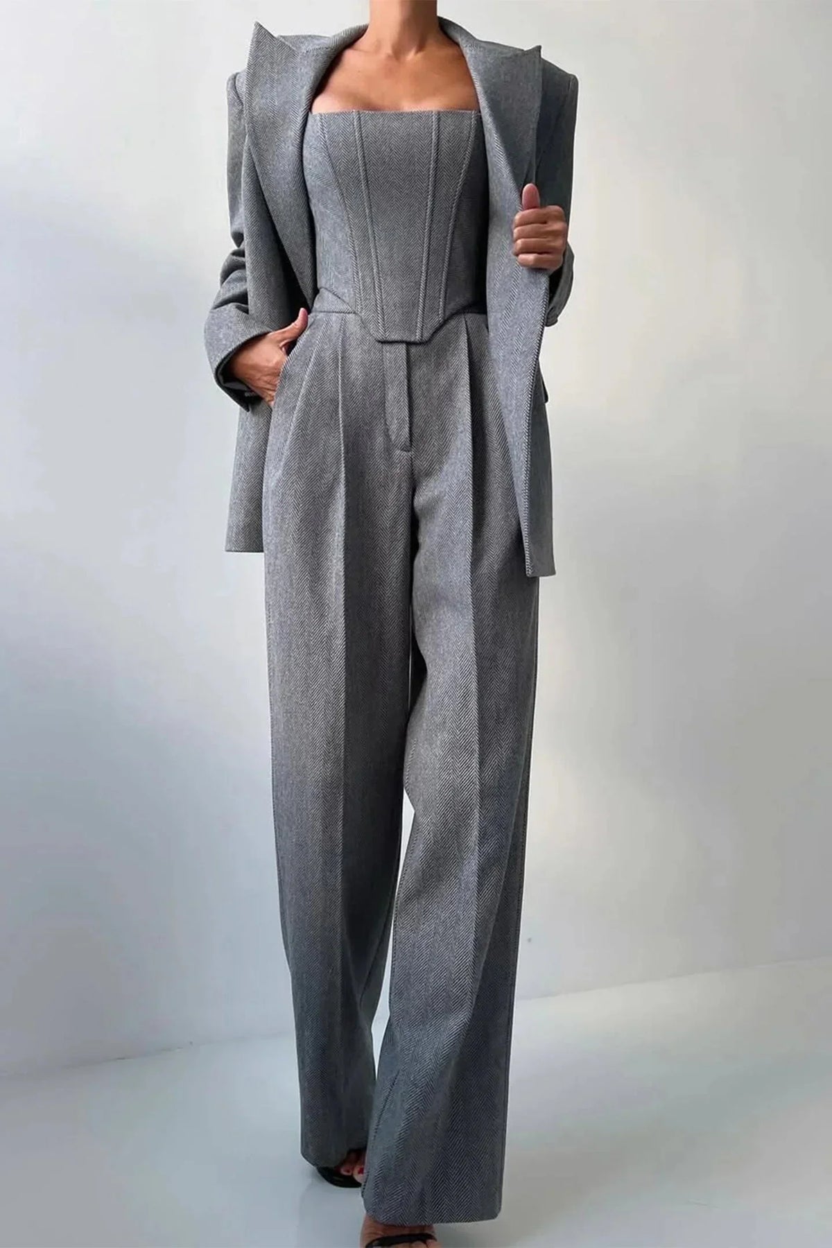 Women's Herringbone Blazer and Wide Leg Trouser Set view 6