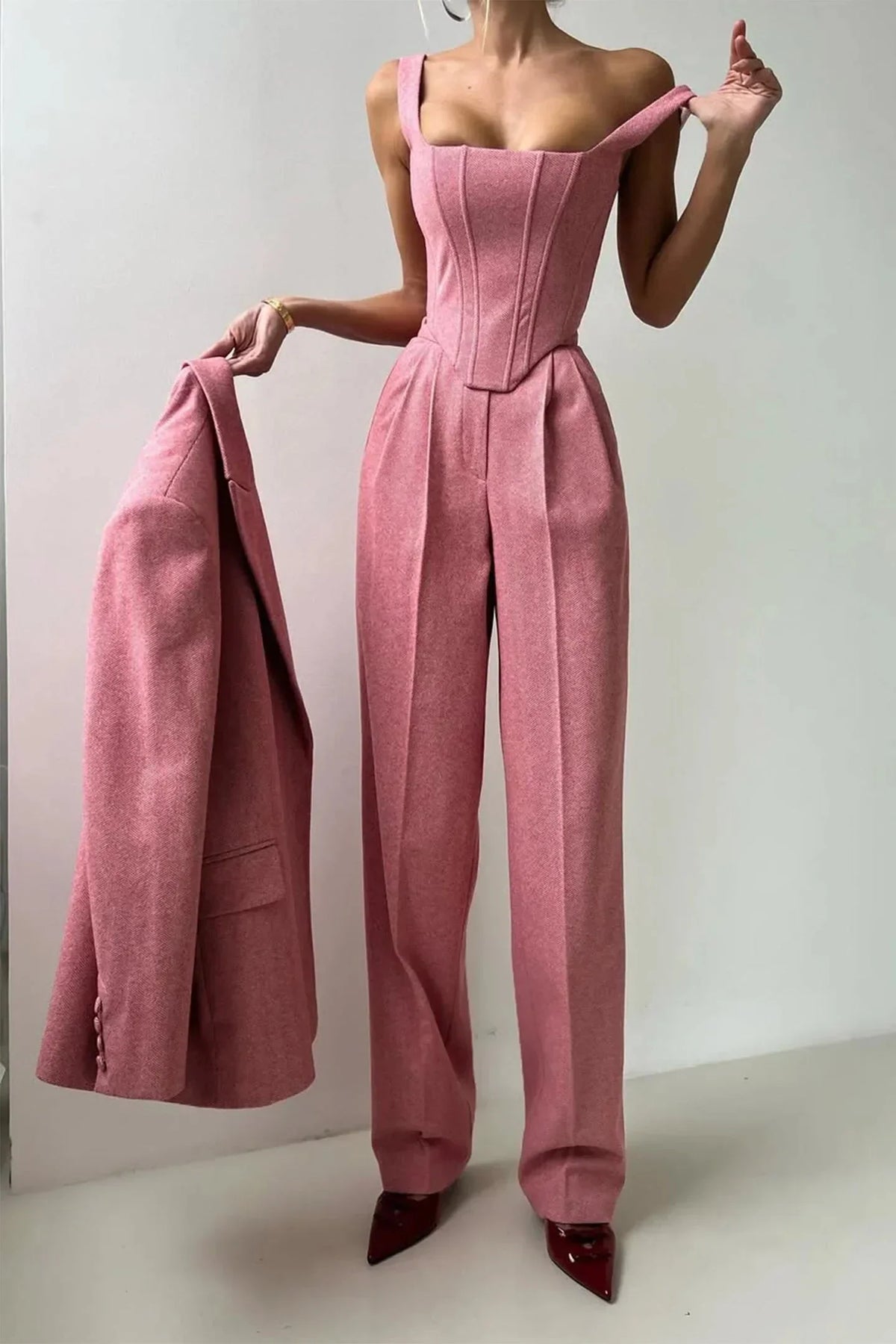 Women's Herringbone Blazer and Wide Leg Trouser Set view 10
