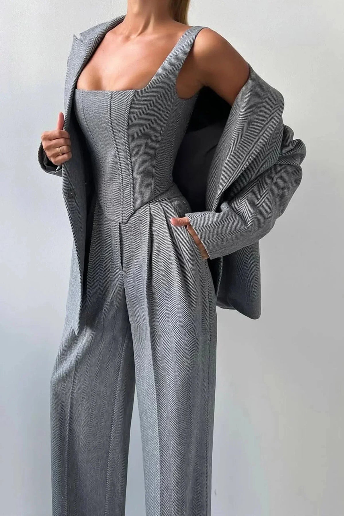 Women's Herringbone Blazer and Wide Leg Trouser Set view 5