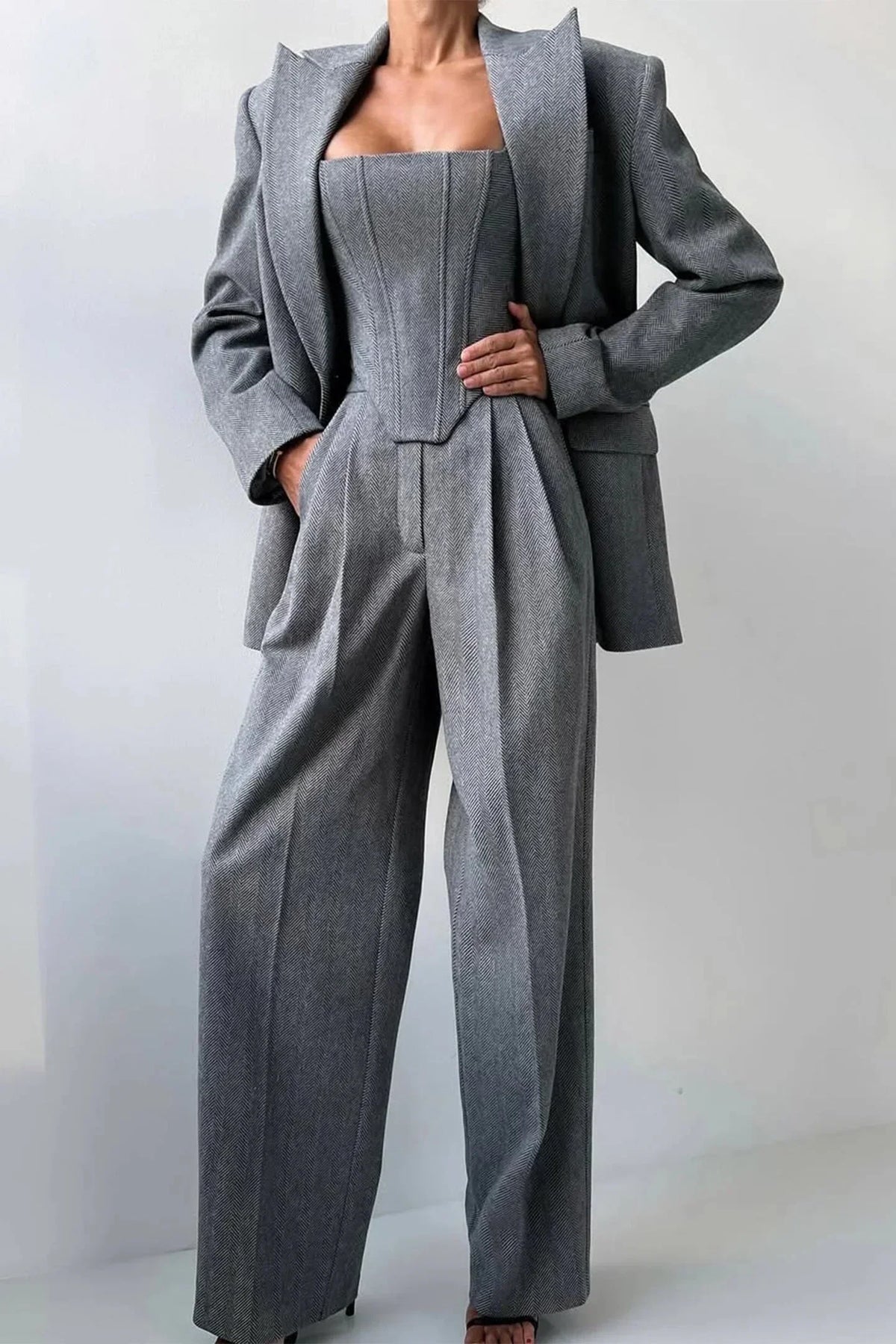 Women's Herringbone Blazer and Wide Leg Trouser Set view 2