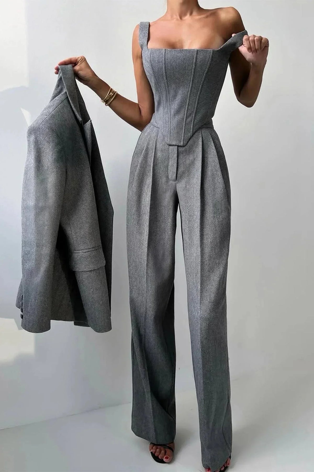 Women's Herringbone Blazer and Wide Leg Trouser Set view 7