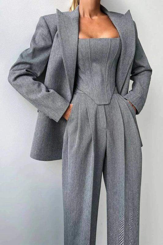 Women's Herringbone Blazer and Wide Leg Trouser Set