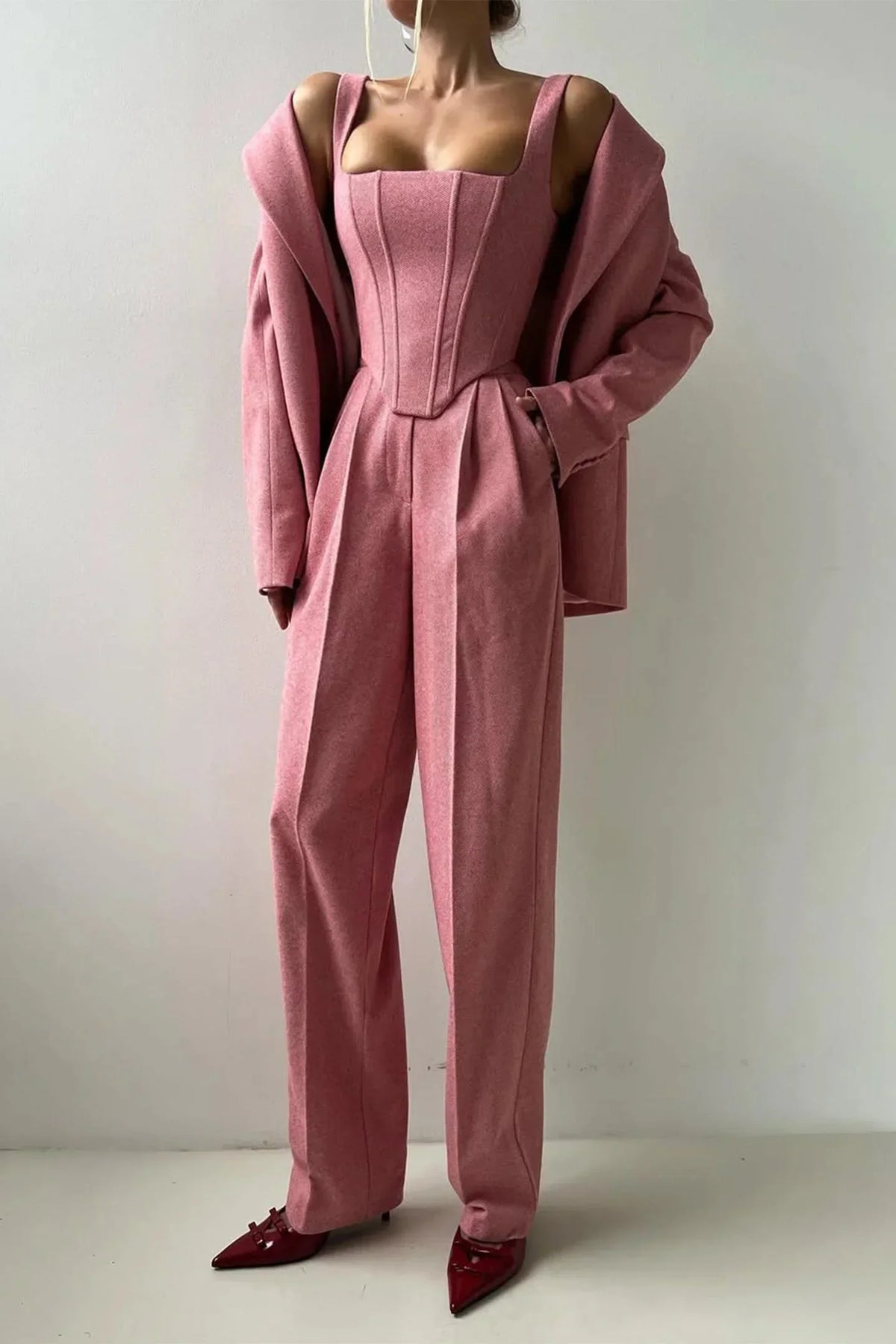 Women's Herringbone Blazer and Wide Leg Trouser Set view 8