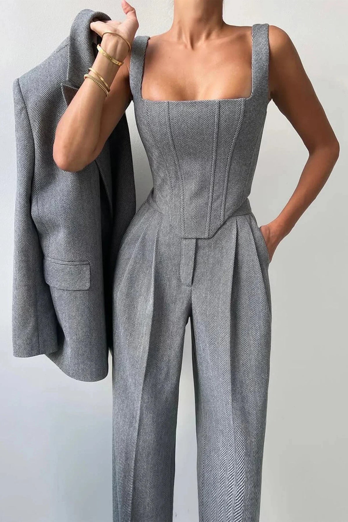 Women's Herringbone Blazer and Wide Leg Trouser Set view 3