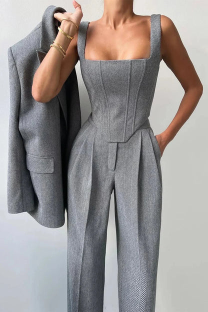 Women's Herringbone Blazer and Wide Leg Trouser Set view 3