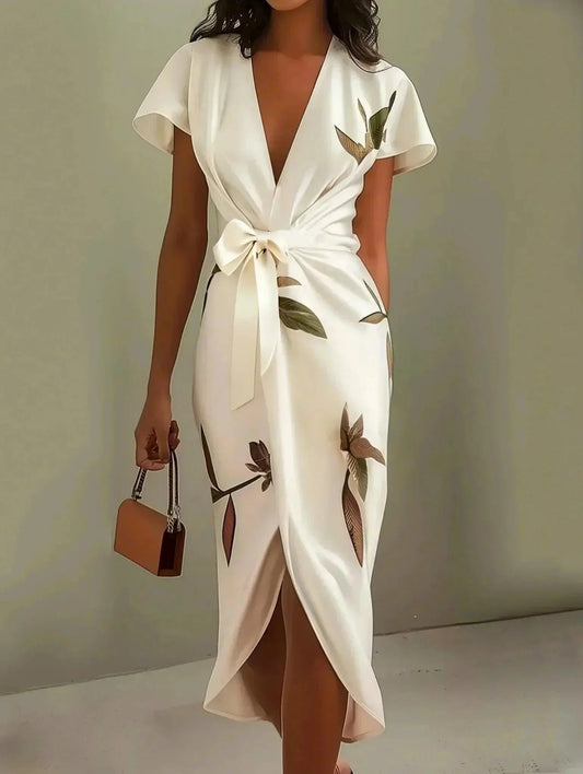Women's Printed Bow Detail Draped Midi Dress in White