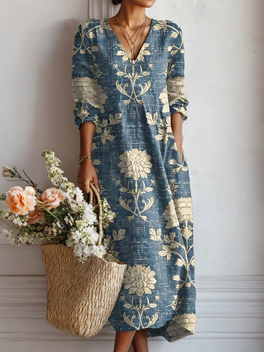 Women's V Neck Floral Midi Dress With Pockets in Floral